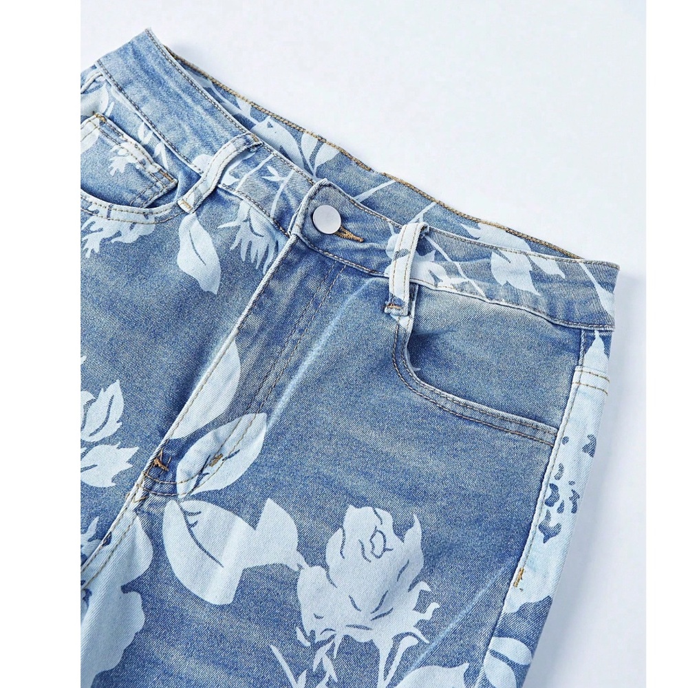 Vintage Style Floral Print Bell Bottom High Waist Denim Jeans - Picture 4 of 6